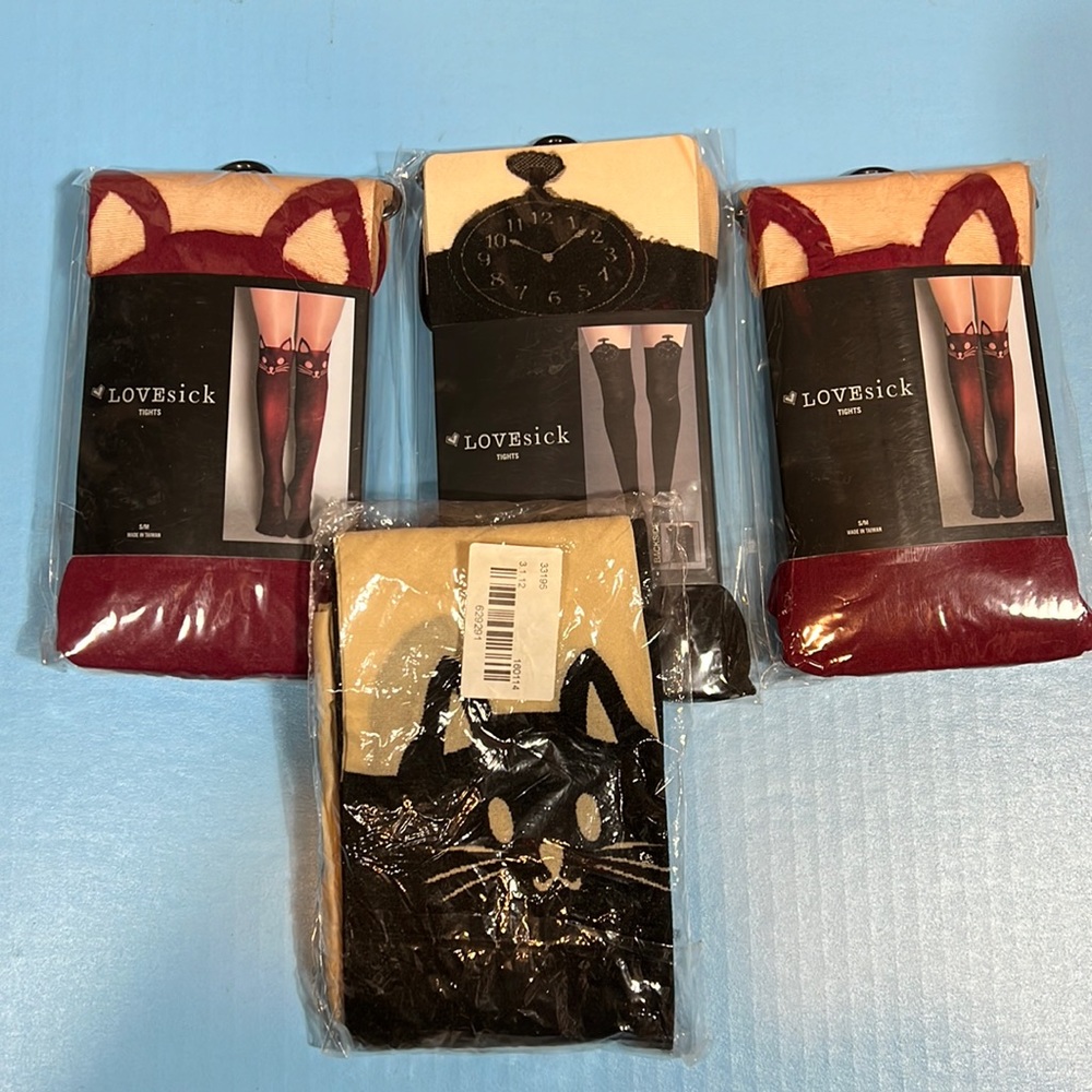 NWT Lot of 4 LOVEsick Black Clocks and Red and Black Kitty Tights Small